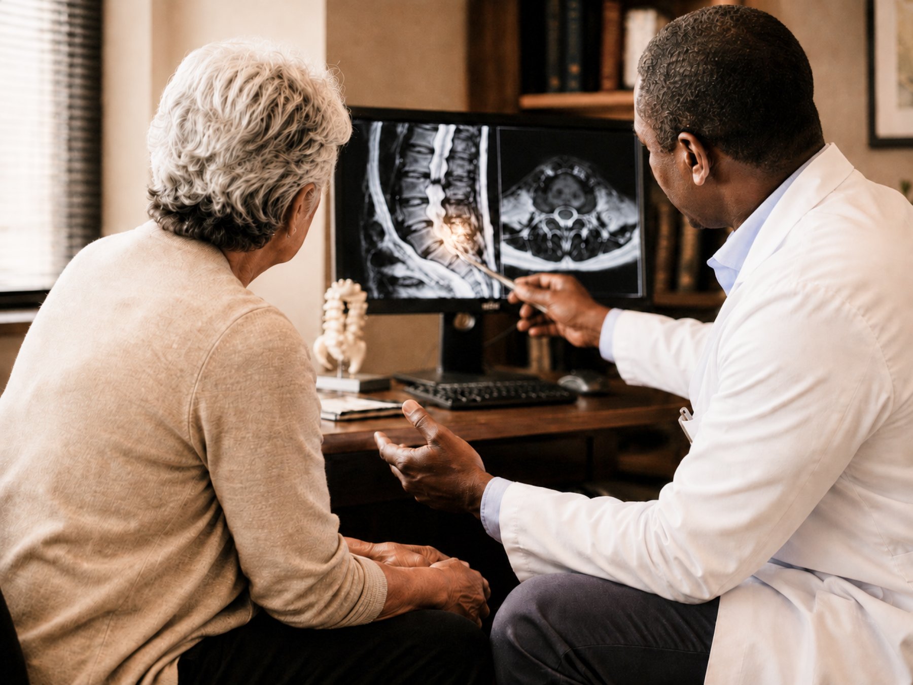 Dr. Nkrumah reviewing spine imaging with a patient