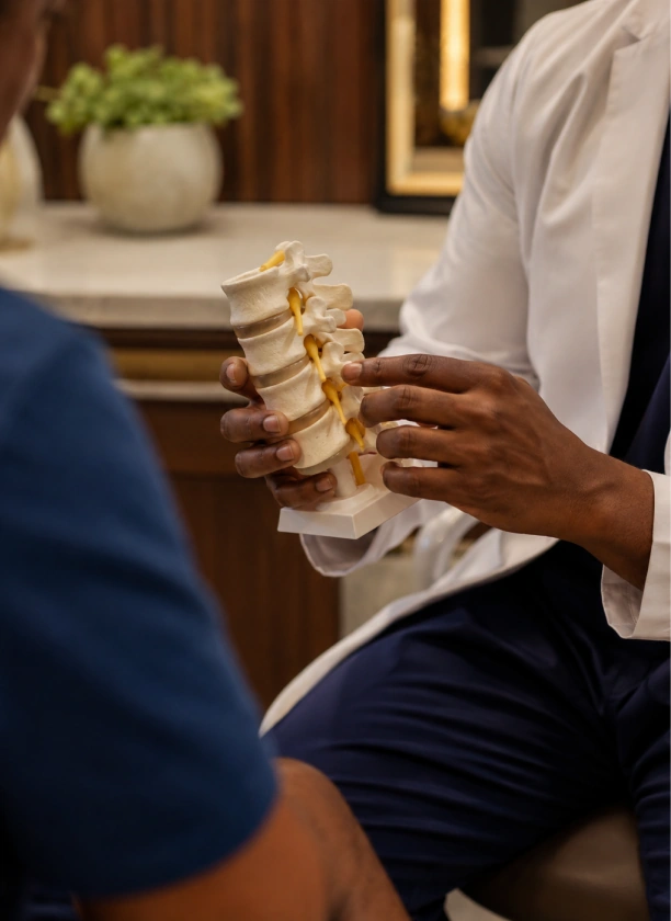 Dr. Nkrumah reviewing a spine model with a patient